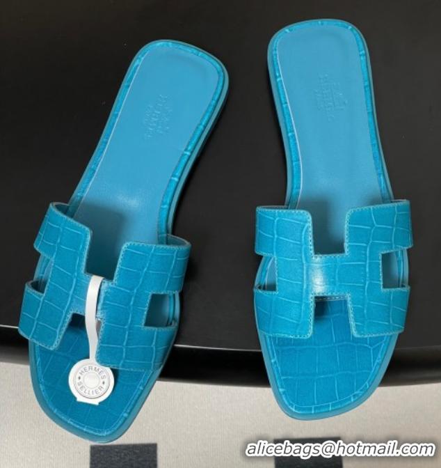 Hot Style Hermes Oran Classic Flat Slides Sandal in Stone Embossed Calfskin Blue2 2025 H081803