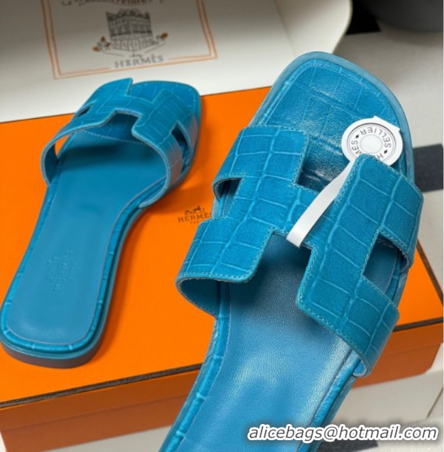 Hot Style Hermes Oran Classic Flat Slides Sandal in Stone Embossed Calfskin Blue2 2025 H081803