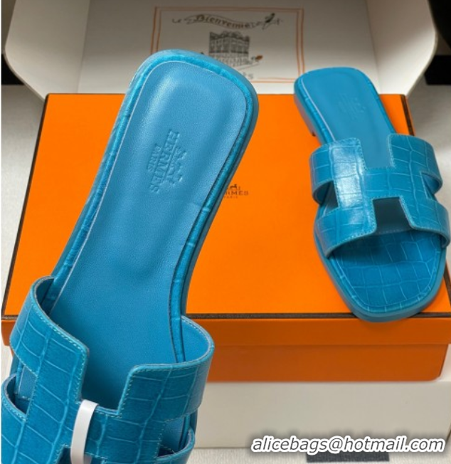 Hot Style Hermes Oran Classic Flat Slides Sandal in Stone Embossed Calfskin Blue2 2025 H081803