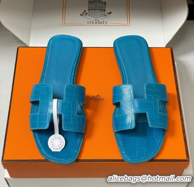 Hot Style Hermes Oran Classic Flat Slides Sandal in Stone Embossed Calfskin Blue2 2025 H081803