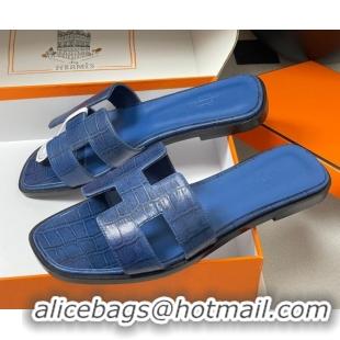 Big Discount Hermes Oran Classic Flat Slides Sandal in Stone Embossed Calfskin Navy Blue 2025 H081803