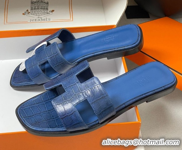 Big Discount Hermes Oran Classic Flat Slides Sandal in Stone Embossed Calfskin Navy Blue 2025 H081803