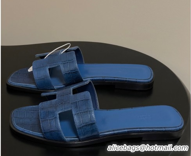 Big Discount Hermes Oran Classic Flat Slides Sandal in Stone Embossed Calfskin Navy Blue 2025 H081803