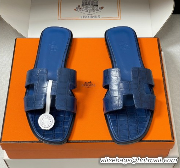 Big Discount Hermes Oran Classic Flat Slides Sandal in Stone Embossed Calfskin Navy Blue 2025 H081803