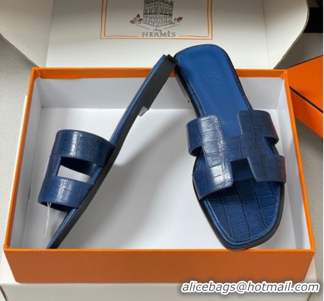 Big Discount Hermes Oran Classic Flat Slides Sandal in Stone Embossed Calfskin Navy Blue 2025 H081803