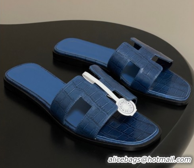 Big Discount Hermes Oran Classic Flat Slides Sandal in Stone Embossed Calfskin Navy Blue 2025 H081803