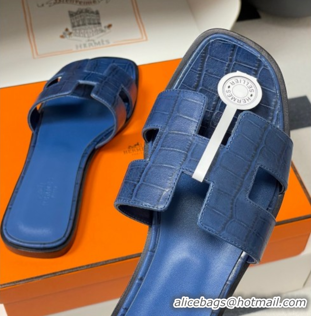 Big Discount Hermes Oran Classic Flat Slides Sandal in Stone Embossed Calfskin Navy Blue 2025 H081803