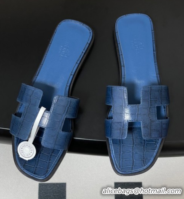 Big Discount Hermes Oran Classic Flat Slides Sandal in Stone Embossed Calfskin Navy Blue 2025 H081803
