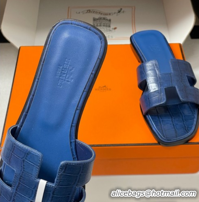 Big Discount Hermes Oran Classic Flat Slides Sandal in Stone Embossed Calfskin Navy Blue 2025 H081803