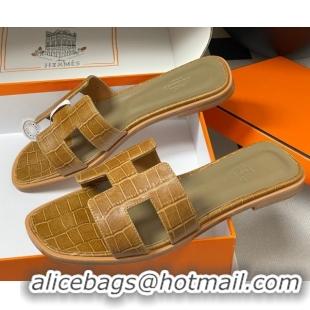 Top Design Hermes Oran Classic Flat Slides Sandal in Stone Embossed Calfskin Brown 2025 H081803