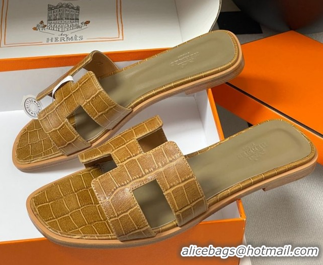 Top Design Hermes Oran Classic Flat Slides Sandal in Stone Embossed Calfskin Brown 2025 H081803