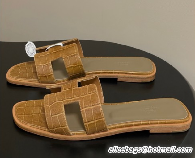 Top Design Hermes Oran Classic Flat Slides Sandal in Stone Embossed Calfskin Brown 2025 H081803