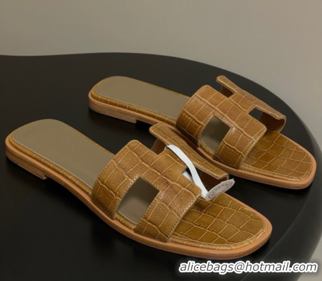 Top Design Hermes Oran Classic Flat Slides Sandal in Stone Embossed Calfskin Brown 2025 H081803