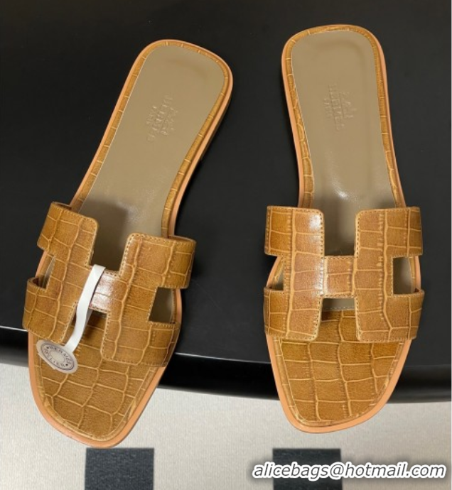 Top Design Hermes Oran Classic Flat Slides Sandal in Stone Embossed Calfskin Brown 2025 H081803