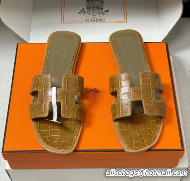 Top Design Hermes Oran Classic Flat Slides Sandal in Stone Embossed Calfskin Brown 2025 H081803