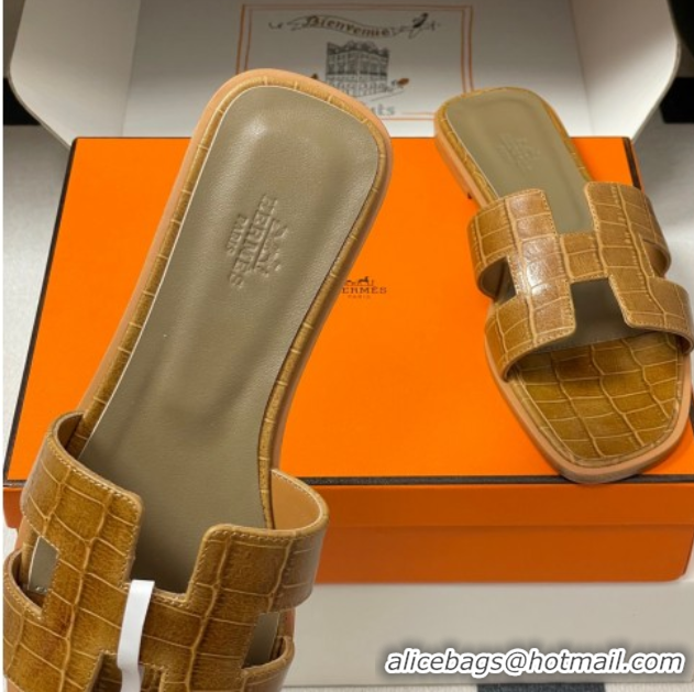 Top Design Hermes Oran Classic Flat Slides Sandal in Stone Embossed Calfskin Brown 2025 H081803