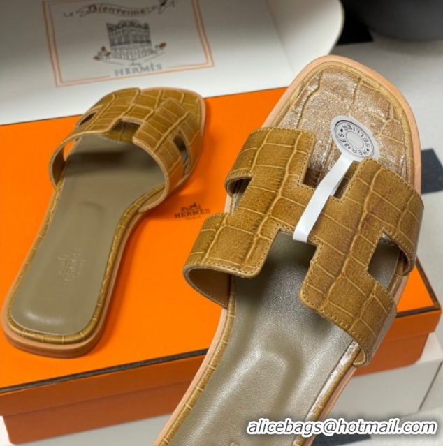 Top Design Hermes Oran Classic Flat Slides Sandal in Stone Embossed Calfskin Brown 2025 H081803