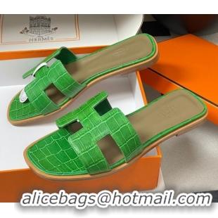 Stylish Hermes Oran Classic Flat Slides Sandal in Stone Embossed Calfskin Green 2025 H081803
