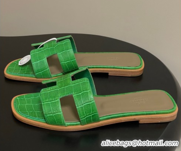 Stylish Hermes Oran Classic Flat Slides Sandal in Stone Embossed Calfskin Green 2025 H081803