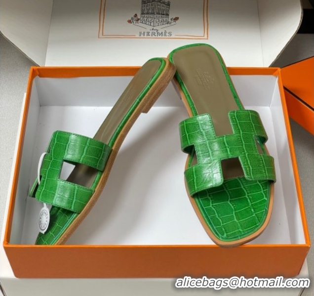 Stylish Hermes Oran Classic Flat Slides Sandal in Stone Embossed Calfskin Green 2025 H081803