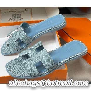 Charming Hermes Oran Classic Flat Slides Sandal in Lizard Embossed Calfskin Light Blue 2025 H081803