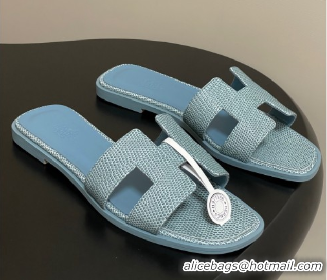 Charming Hermes Oran Classic Flat Slides Sandal in Lizard Embossed Calfskin Light Blue 2025 H081803