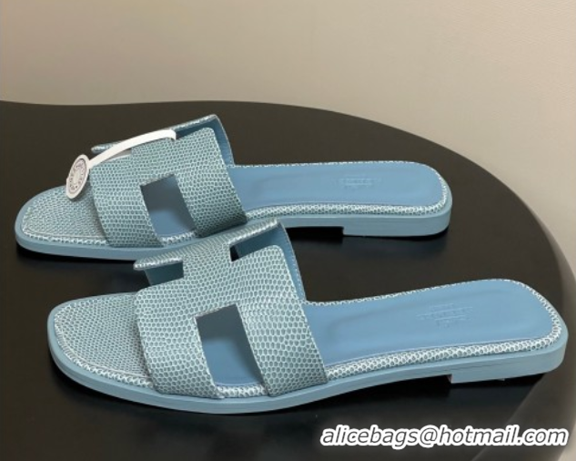 Charming Hermes Oran Classic Flat Slides Sandal in Lizard Embossed Calfskin Light Blue 2025 H081803