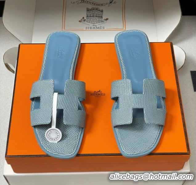 Charming Hermes Oran Classic Flat Slides Sandal in Lizard Embossed Calfskin Light Blue 2025 H081803