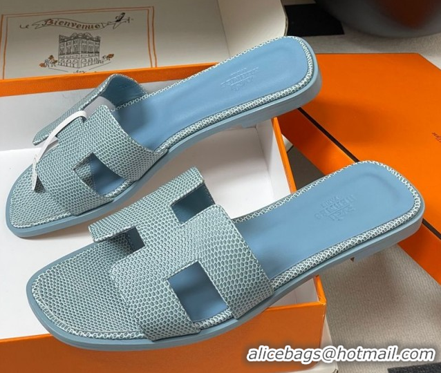 Charming Hermes Oran Classic Flat Slides Sandal in Lizard Embossed Calfskin Light Blue 2025 H081803