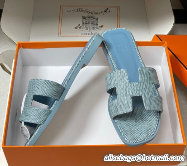 Charming Hermes Oran Classic Flat Slides Sandal in Lizard Embossed Calfskin Light Blue 2025 H081803