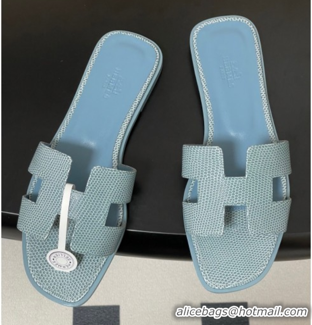 Charming Hermes Oran Classic Flat Slides Sandal in Lizard Embossed Calfskin Light Blue 2025 H081803