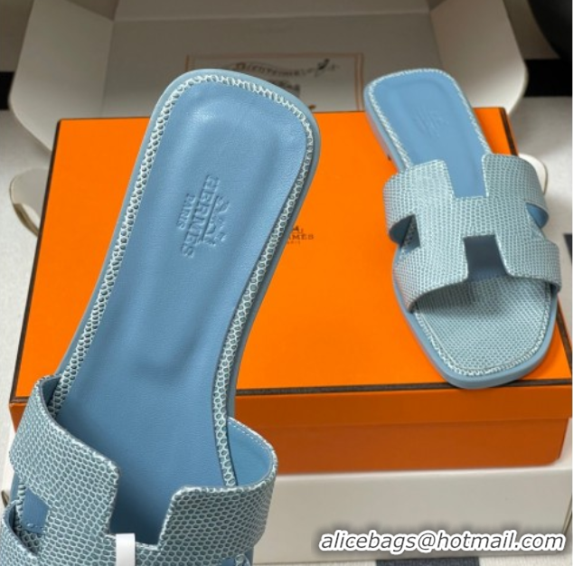 Charming Hermes Oran Classic Flat Slides Sandal in Lizard Embossed Calfskin Light Blue 2025 H081803
