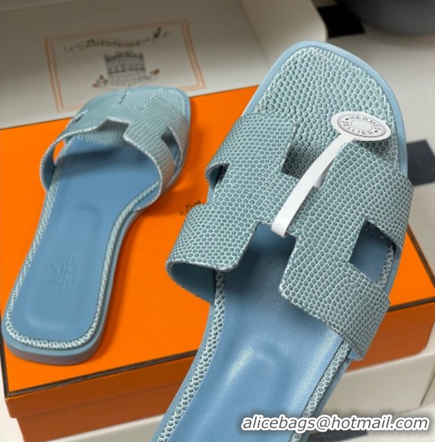 Charming Hermes Oran Classic Flat Slides Sandal in Lizard Embossed Calfskin Light Blue 2025 H081803