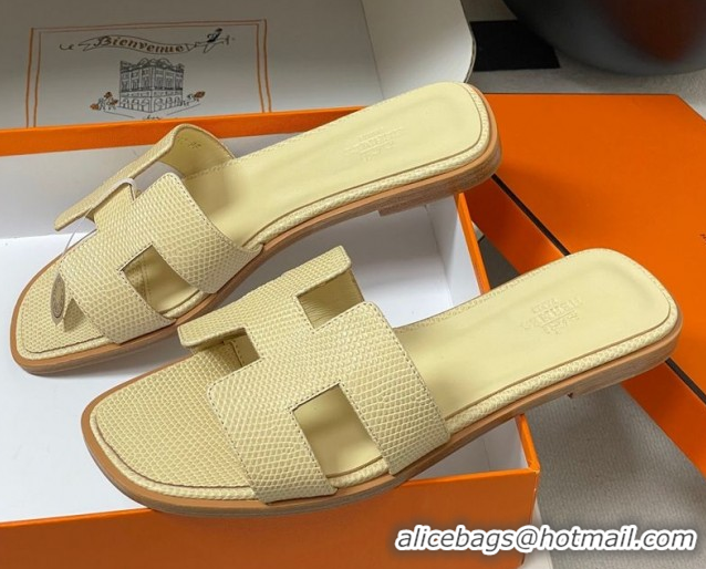 Duplicate Hermes Oran Classic Flat Slides Sandal in Lizard Embossed Calfskin Yellow 2025 H081803