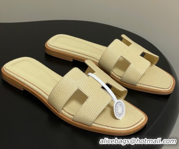 Duplicate Hermes Oran Classic Flat Slides Sandal in Lizard Embossed Calfskin Yellow 2025 H081803