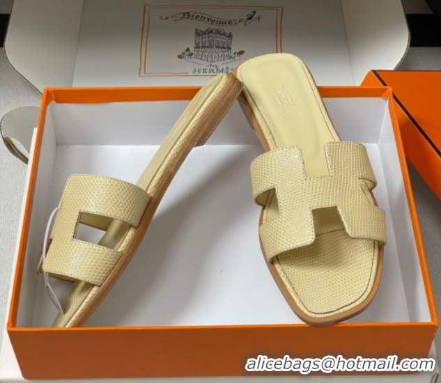 Duplicate Hermes Oran Classic Flat Slides Sandal in Lizard Embossed Calfskin Yellow 2025 H081803