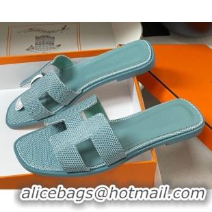 Good Quality Hermes Oran Classic Flat Slides Sandal in Lizard Embossed Calfskin Light Green 2025 H081803