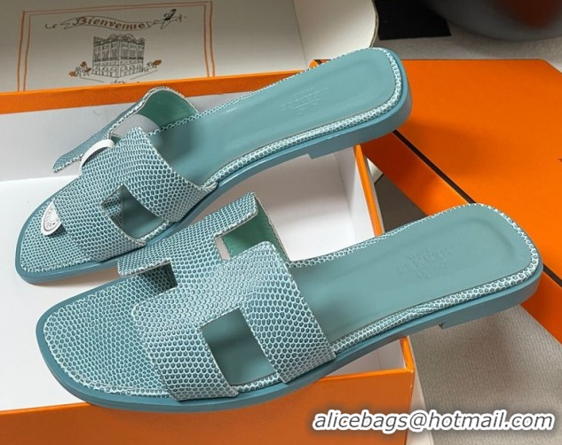 Good Quality Hermes Oran Classic Flat Slides Sandal in Lizard Embossed Calfskin Light Green 2025 H081803