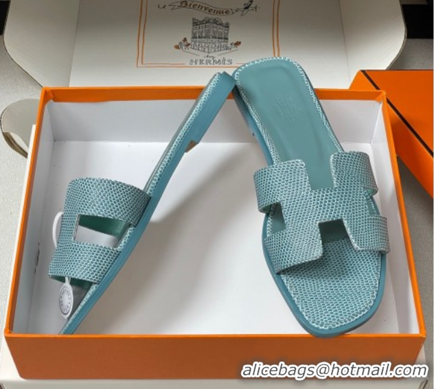 Good Quality Hermes Oran Classic Flat Slides Sandal in Lizard Embossed Calfskin Light Green 2025 H081803