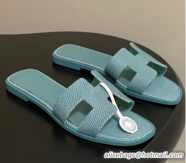 Good Quality Hermes Oran Classic Flat Slides Sandal in Lizard Embossed Calfskin Light Green 2025 H081803