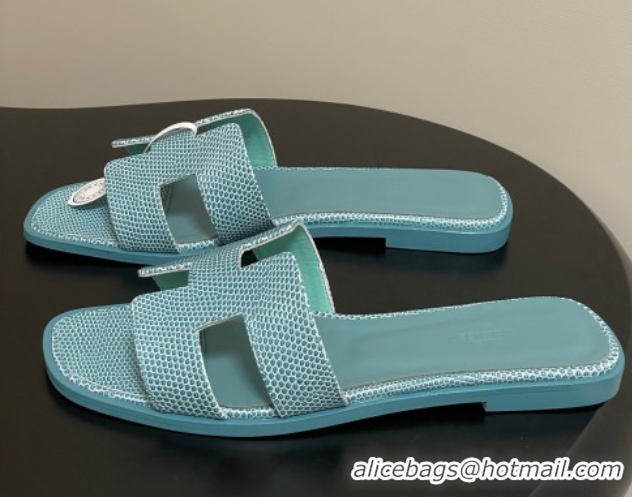 Good Quality Hermes Oran Classic Flat Slides Sandal in Lizard Embossed Calfskin Light Green 2025 H081803