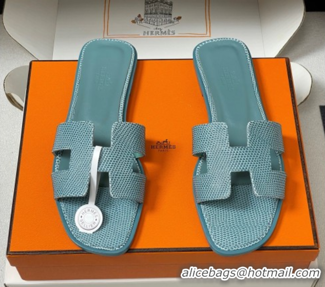 Good Quality Hermes Oran Classic Flat Slides Sandal in Lizard Embossed Calfskin Light Green 2025 H081803