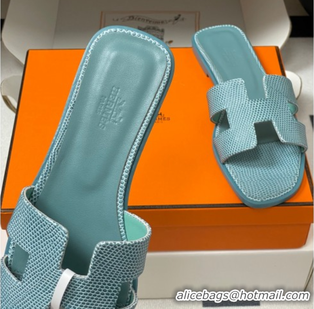 Good Quality Hermes Oran Classic Flat Slides Sandal in Lizard Embossed Calfskin Light Green 2025 H081803