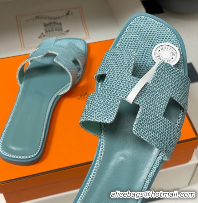 Good Quality Hermes Oran Classic Flat Slides Sandal in Lizard Embossed Calfskin Light Green 2025 H081803