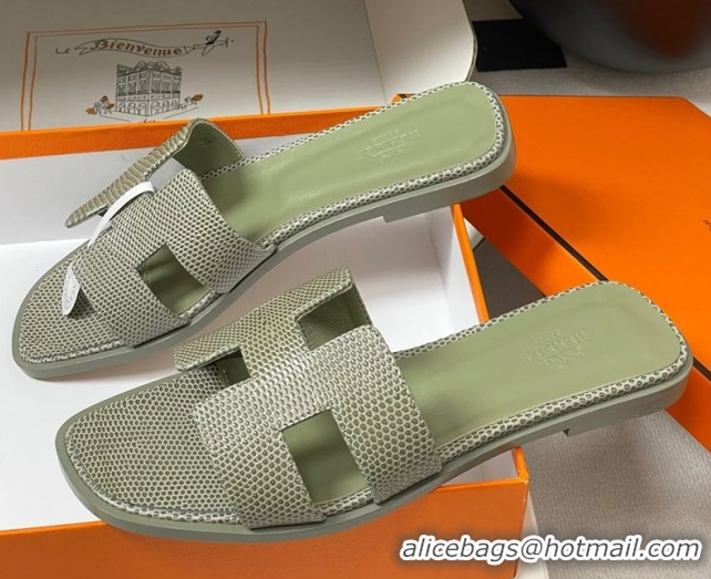 Grade Quality Hermes Oran Classic Flat Slides Sandal in Lizard Embossed Calfskin Khaki 2025 H081803