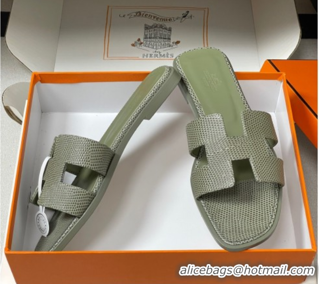 Grade Quality Hermes Oran Classic Flat Slides Sandal in Lizard Embossed Calfskin Khaki 2025 H081803