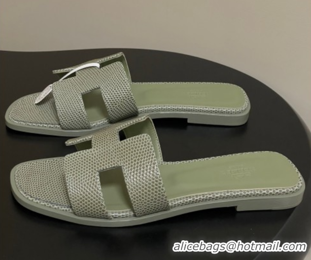 Grade Quality Hermes Oran Classic Flat Slides Sandal in Lizard Embossed Calfskin Khaki 2025 H081803