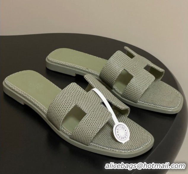 Grade Quality Hermes Oran Classic Flat Slides Sandal in Lizard Embossed Calfskin Khaki 2025 H081803