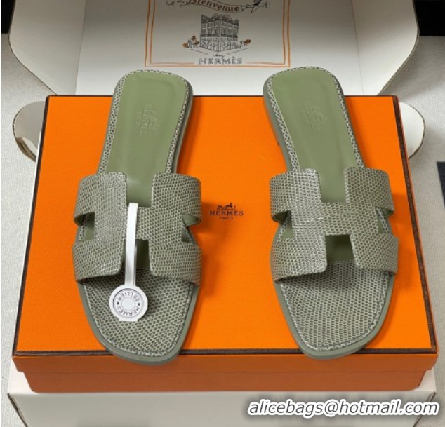 Grade Quality Hermes Oran Classic Flat Slides Sandal in Lizard Embossed Calfskin Khaki 2025 H081803