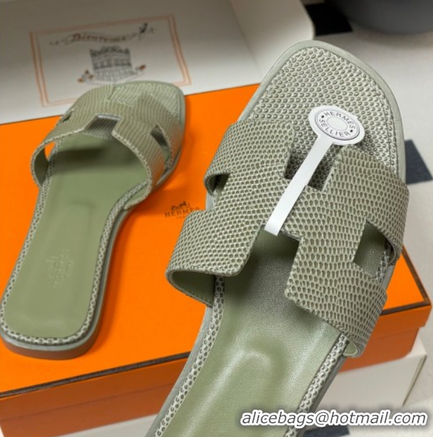 Grade Quality Hermes Oran Classic Flat Slides Sandal in Lizard Embossed Calfskin Khaki 2025 H081803